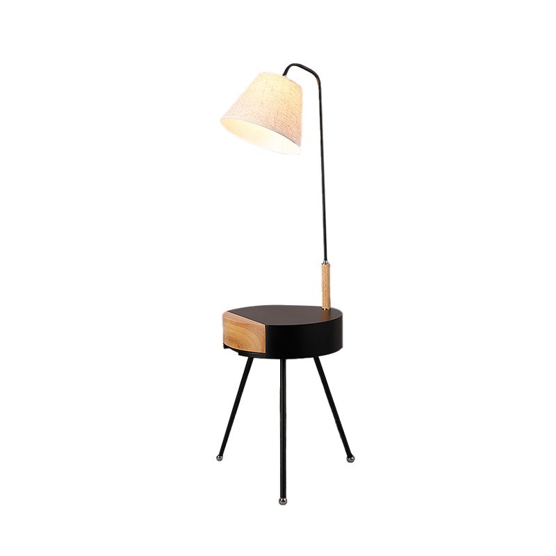 Tripod Table Floor Lighting Modern Metallic Single Head Black/Grey/White and Wood Stand Lamp with Fabric Shade