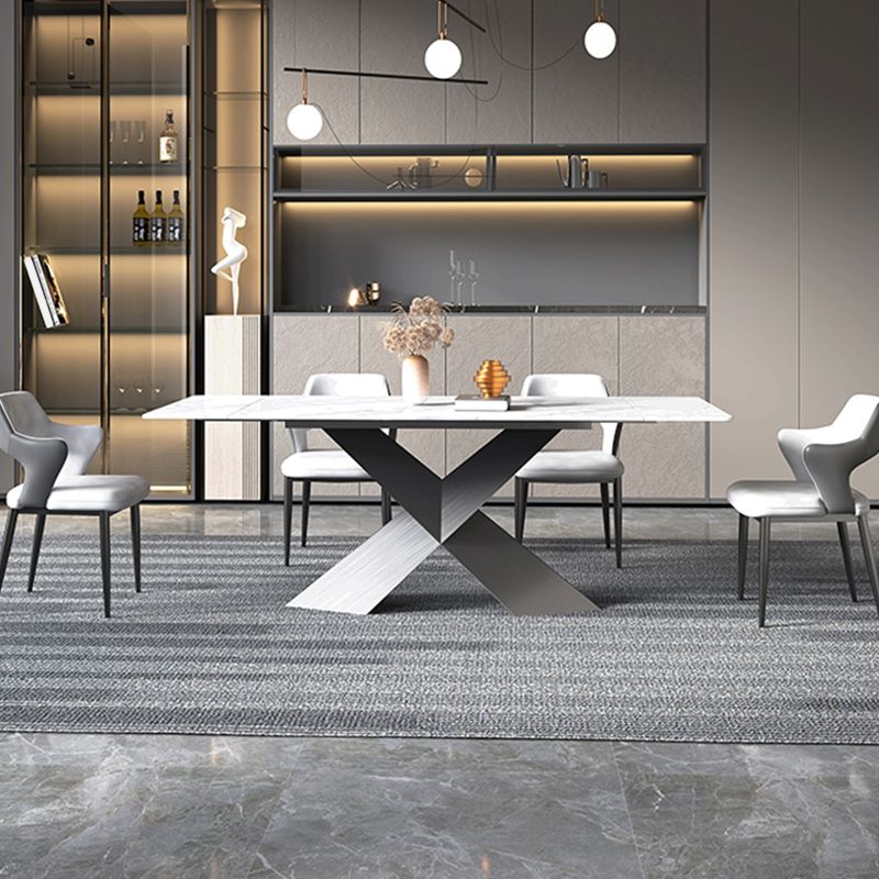 Modern Rectangular White Stone Top Dining Table with Black Steel Double Pedestal