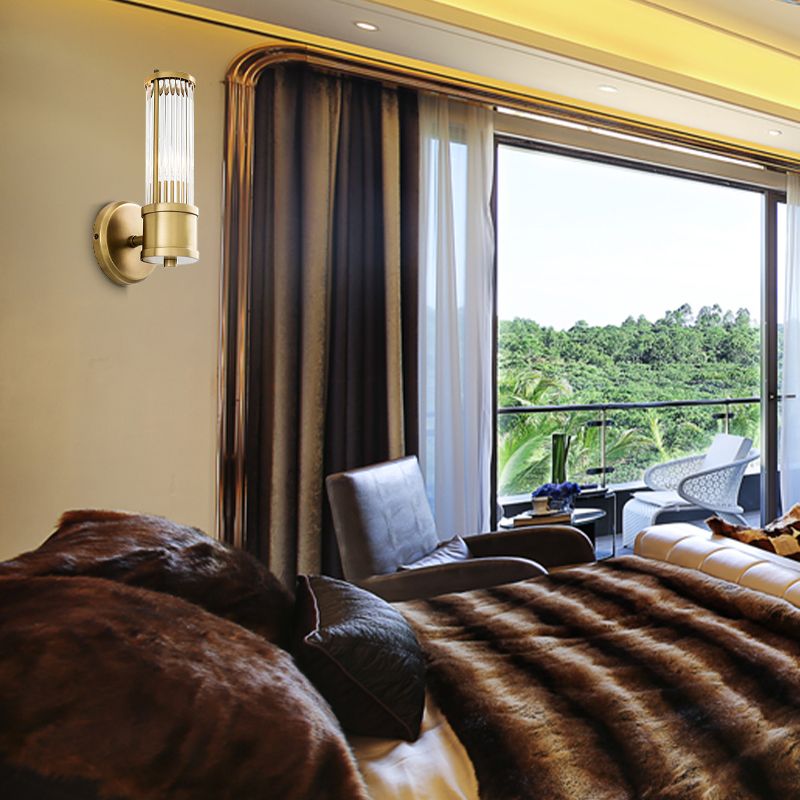 1/2 Bulbs Cylindrical Sconce Contemporary Gold Crystal Wall Mounted Light Fixture for Living Room