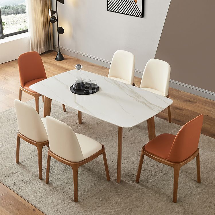 Mesa moderna de mediados de siglo de madera maciza, mesa rectangular de piedra sinterizada blanca