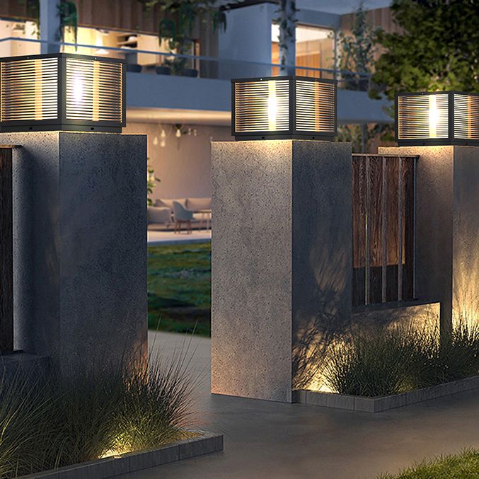 Geometric Shape Metal Solar Pillar Lamp Modern Style 1 Light Outdoor Lights in Black