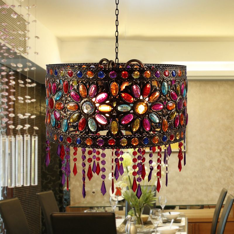 Drum Restaurant Chandelier Lighting Art Deco Metal 3 Bulbs White/Black Pendant Light Fixture with Crystal Accent