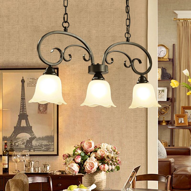 3 Lights Frosted White Glass Island Pendant Rustic Black Floral Swirls Restaurant Hanging Lamp