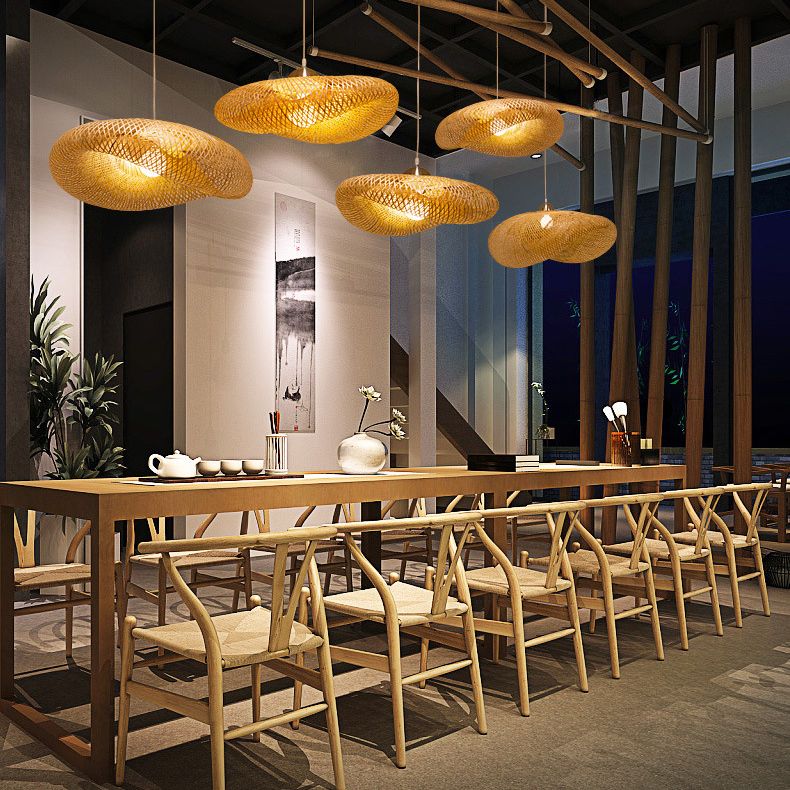 Beige Hat Shaped Pendant Lighting Fixture Asia Style Bamboo Hanging Pendant Light