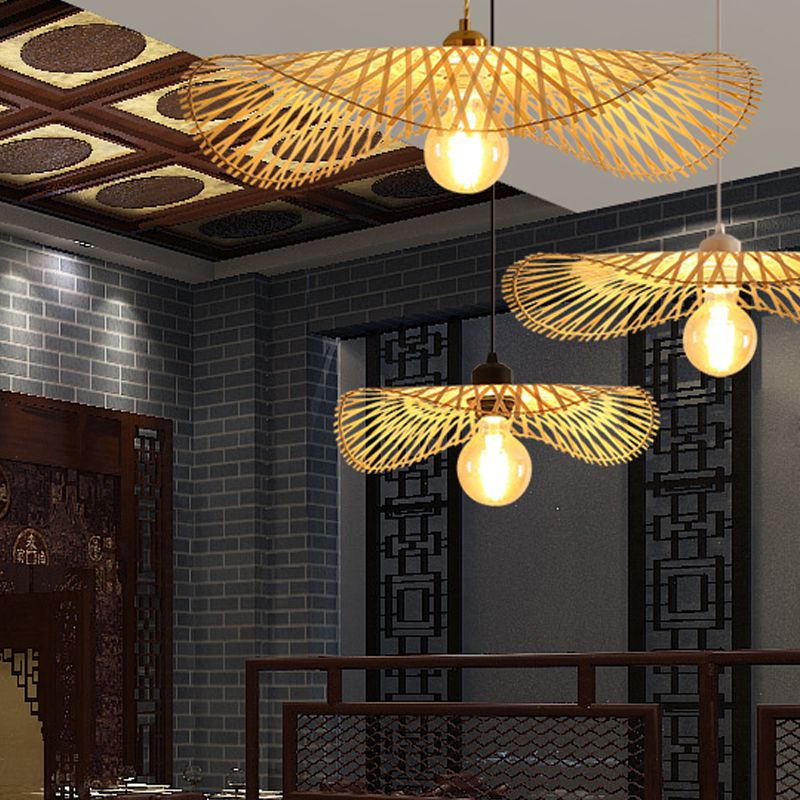 Lotus Leaf Shaped Pendant Light Bamboo 1 Head Hanging Light Fixture for Tea Room
