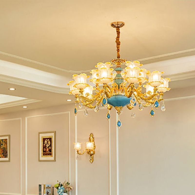 Traditional Ruffled Floral Ceiling Lighting Textured Glass Chandelier Light Fixture with Crystal Accent