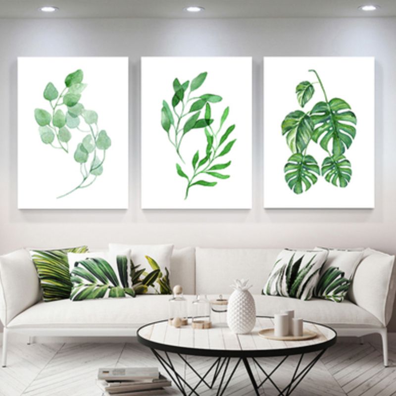 Minimalist Plant Leaves Canvas Art Green Textured Wall Decor for Room (Set of 3)