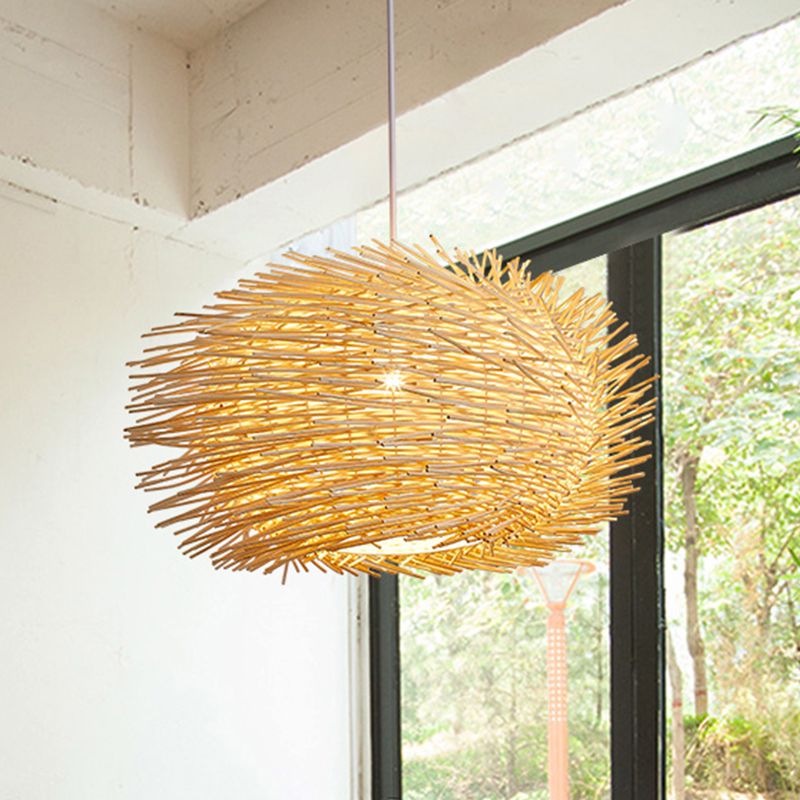 Lantern Bamboo Hanging Lamp Asian 1 Head Beige Pendant Light Fixture for Dining Room