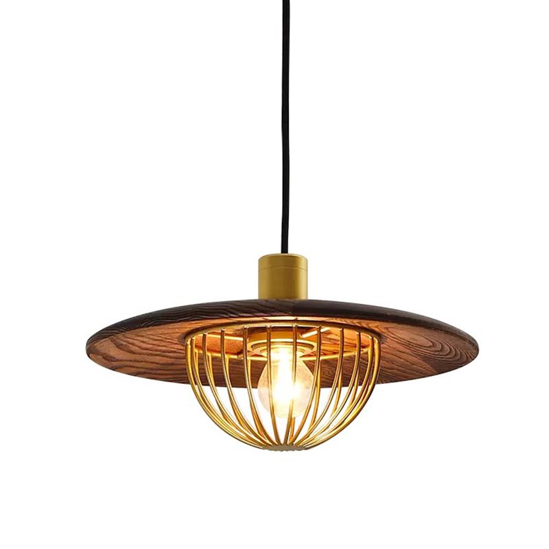 Disc Wooden Pendant Lighting Contemporary 1-Light Hanging Ceiling Light with Cage Bottom