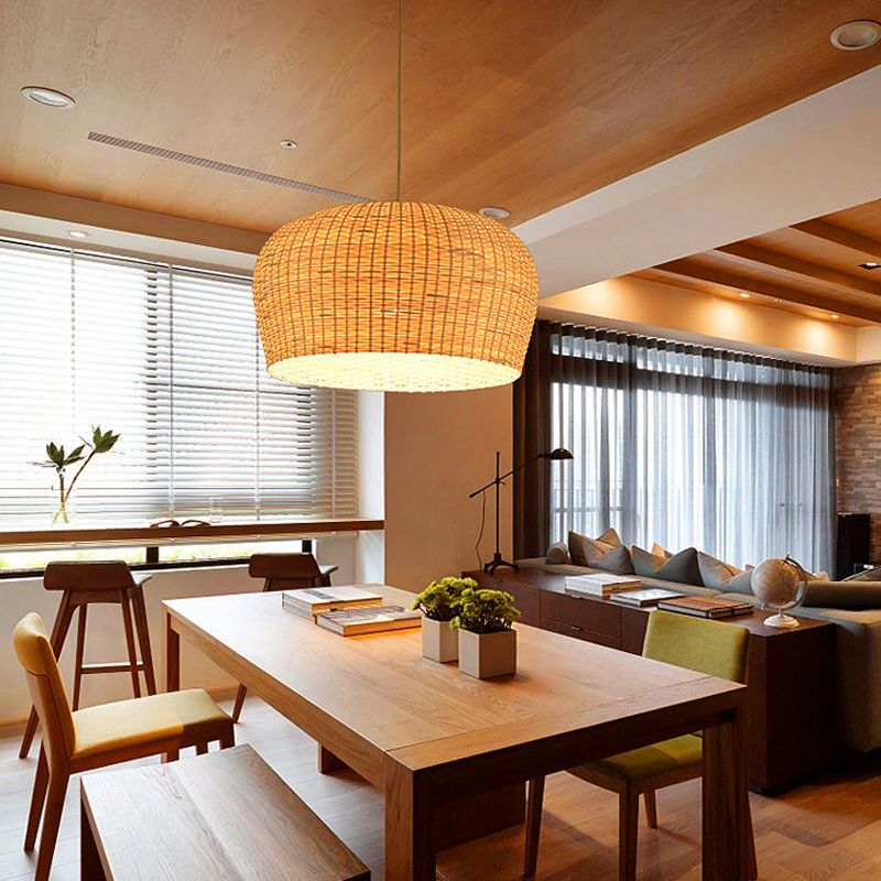 12"/19.5" Wide Dome Woven Bamboo Ceiling Pendant Lamp Asian Single Light Beige Hanging Light for Restaurant Dining Room