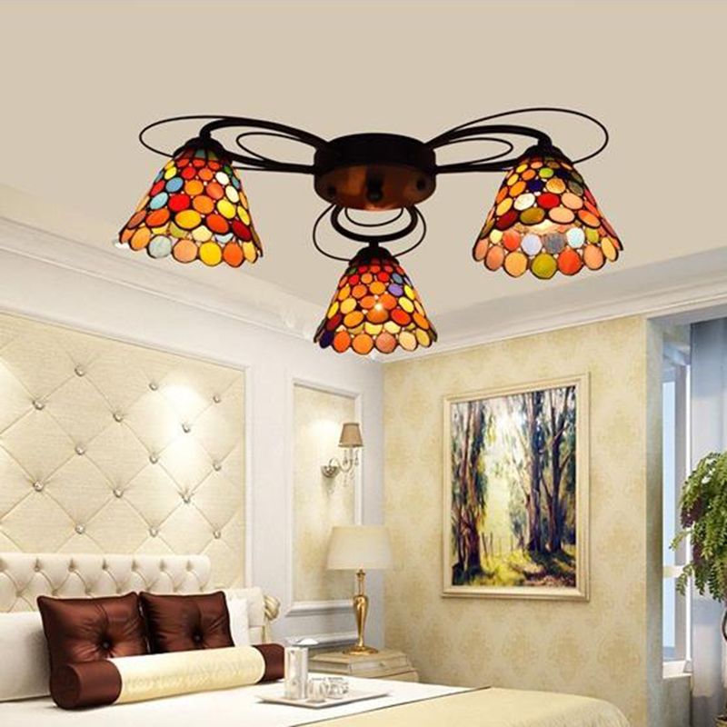 Bell Semi Flush Mount Tiffany Multiclored Stained Glass 3/7/9 Heads Plafond Light Fixture