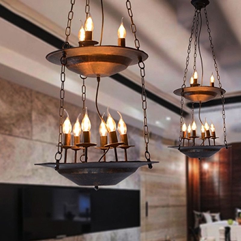 Metallic Candle&Saucer Chandelier Bookstore Cafe Industrial Style Pendant Lamp in Rust