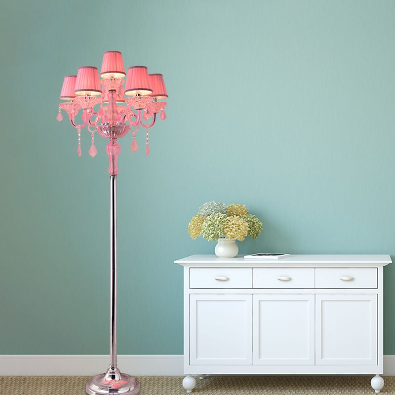 Lampada di lettura del pavimento rosa cristallino Candelestick 5/6/7-head Light Light con paralume a pieghe