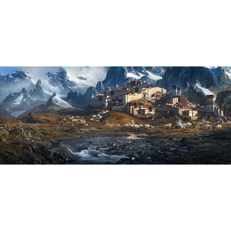 Whole Snow Landscape Wall Mural for Home Mountain with Nomadic Houses Wall Decor in Brown, Washable