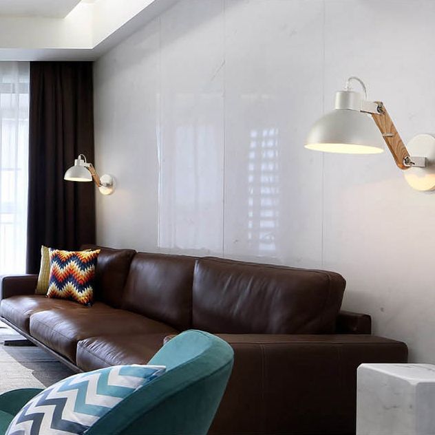 Industrial Wall Lamp with Wood Swing Arm Dome Metal Shade Wall Mount Light for Bedroom Bedside