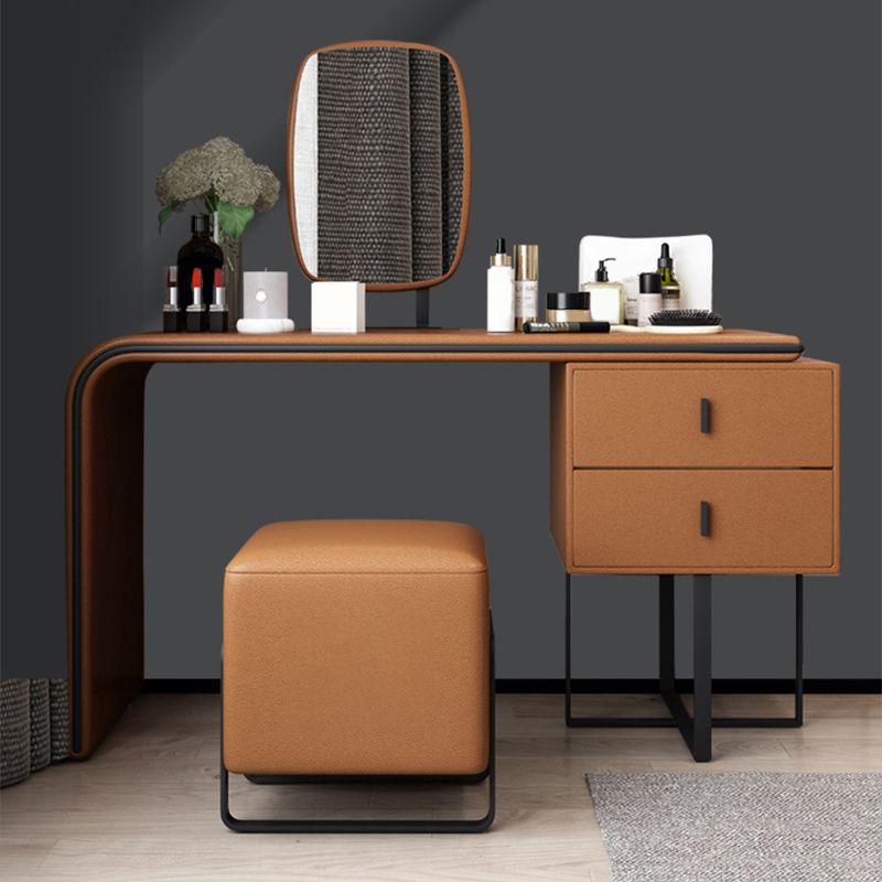 Vanity Mirrored Faux Leather Makeup Dressing Table Stool Set, 28.74"