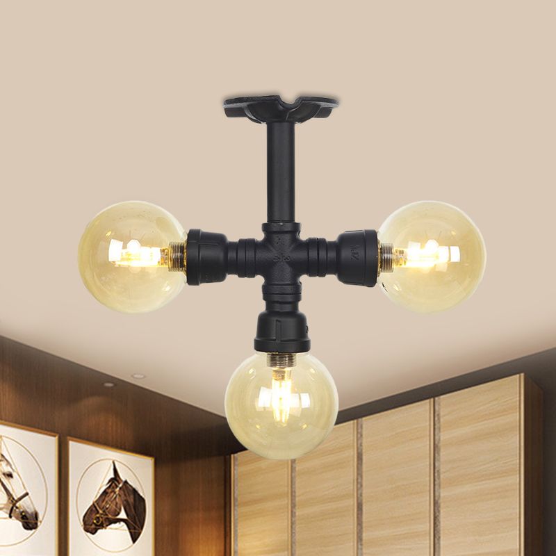 3/4 bulbes Semi-mont Lighting Corridor Corridor Flush Lampe With Globe Amber Glass Shade en noir