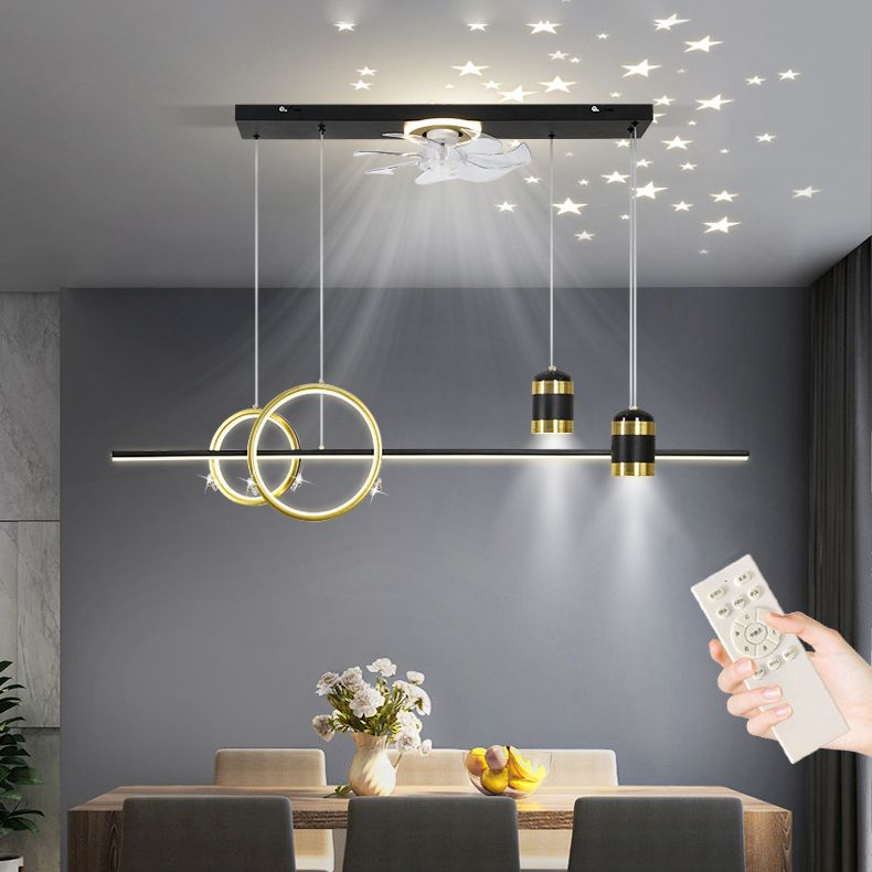 Geometric Island Lights Modern Metal Island Lamp with Fan in Black and Gold