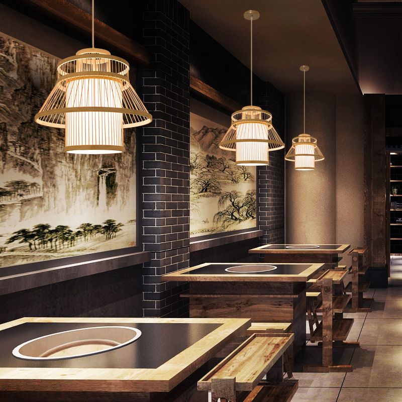 Tiered Suspension Lighting Minimalist Bamboo 1 Head Restaurant Pendant Ceiling Light in Wood