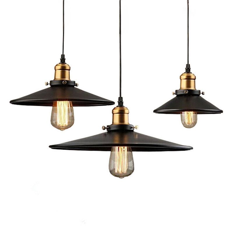 Single Bulb Black Wrought Iron Hanging Light Cone Shade Vintage Industry Style Lighting Fixture with Copper Lamp Holder