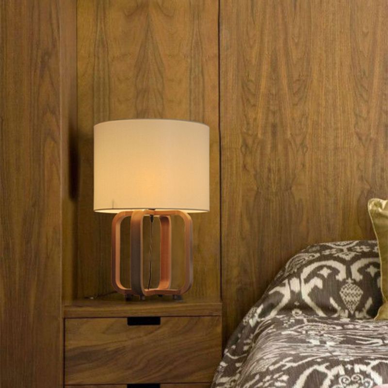 Drum en vierkant frame tafellamp Aziatisch hout 1-lichts slaapkamernachtlamp in beige