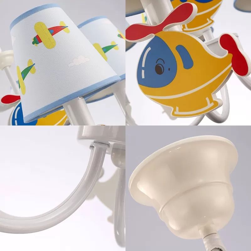Enfants Suspension blanche Lumière avec avion ombre conique 5 lumières Chandelier en métal pour chambre à coucher
