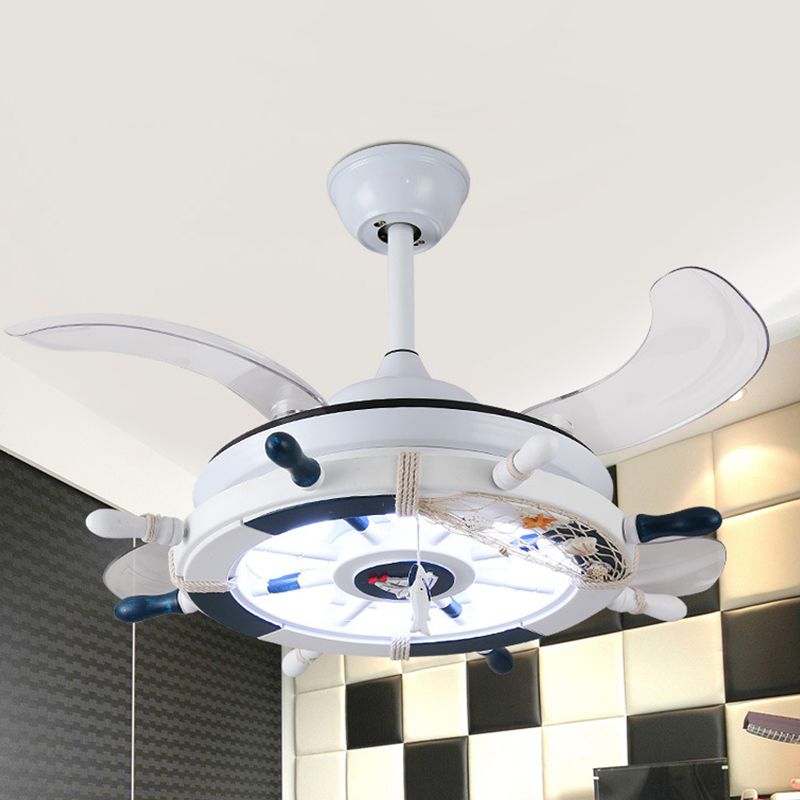 Rudder Bedroom Semi Flush Mounted Light Kids Acrylic Pink/Blue/White LED Hanging Ceiling Fan Lamp with 4 Clear Blades, 42" W