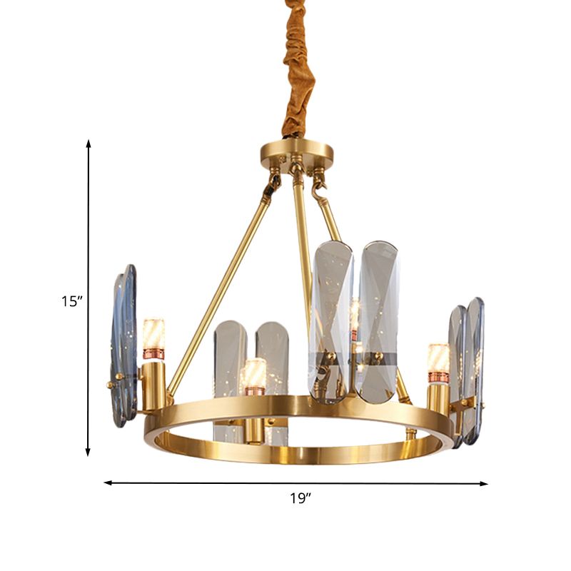 Éclairage de lustre en laiton métallique circulaire 4 têtes modernisme suspension suspendue avec panneau de cristal gris fumé ovale
