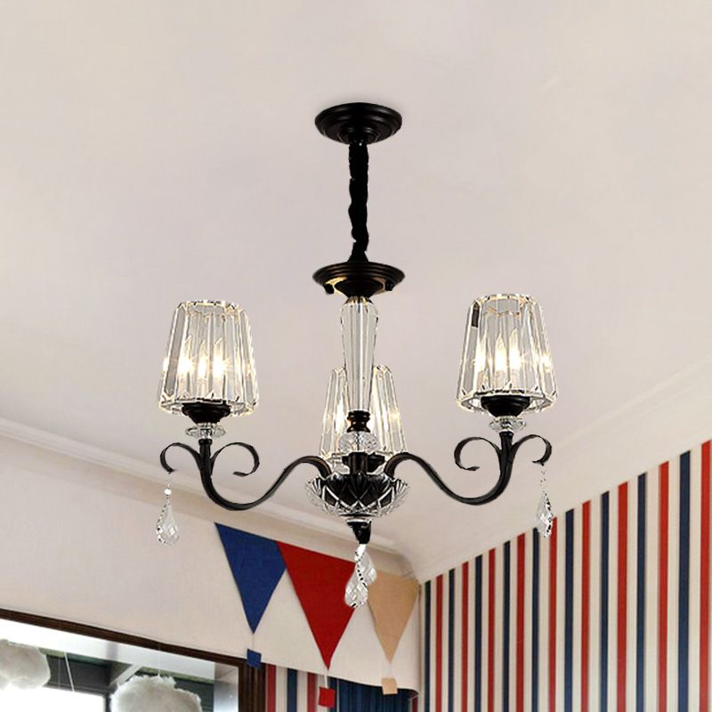 Cono ombra hotel soffitto lampadario retrò cristallo prismatico ciondolo a goccia nera a 6 light con elemento di scorrimento