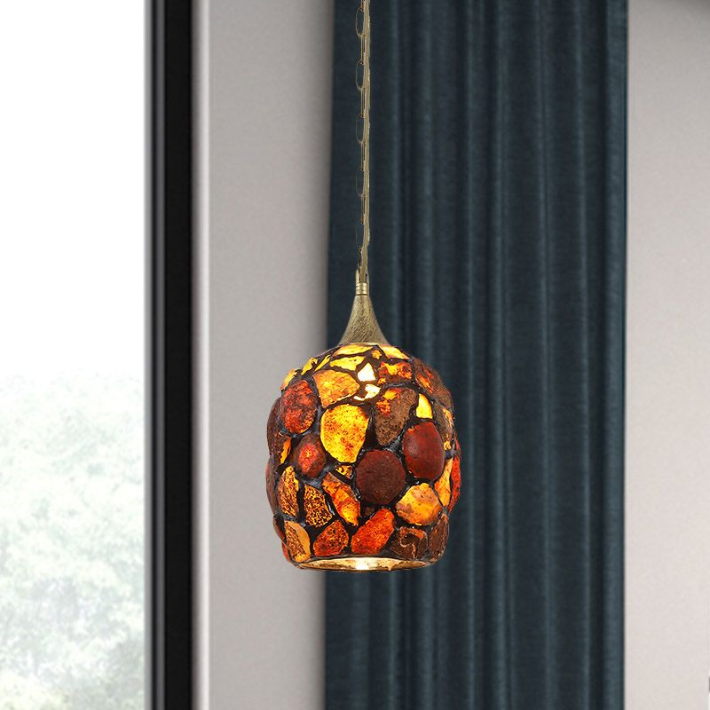 Antiqued Brass 1-Light Drop Pendant Tiffany Agate Cloche Hanging Lamp with Pebble Design