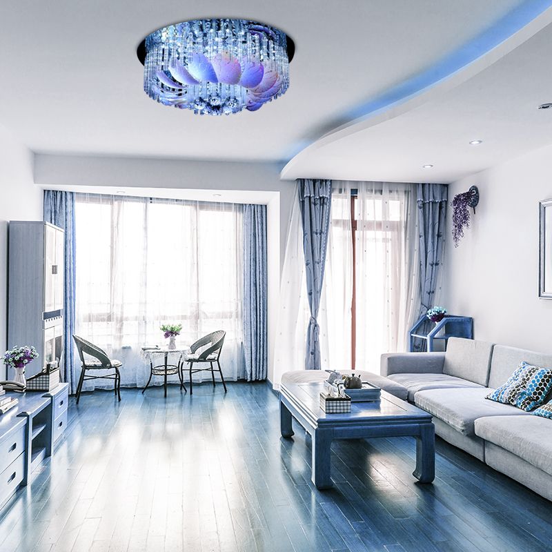 Clear Crystal Circle Flush Light Fixture Modern 19.5"/23.5"/31.5" W LED Flushmount Lighting with Leaf Glass Decoration