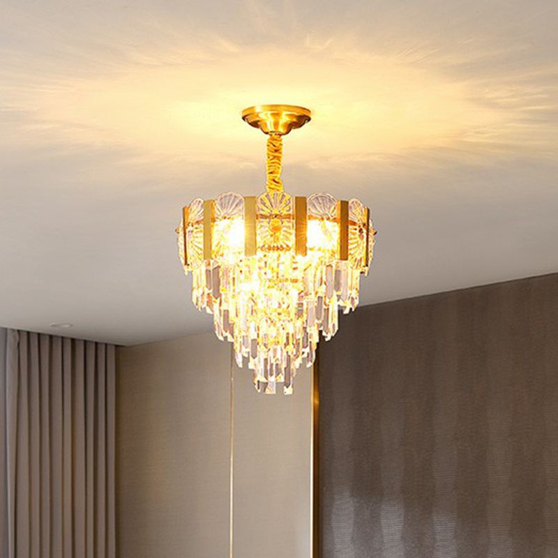 Minimalistische luxuriöse konische Suspension Lichtkristall 6 Lichter Schlafzimmer Kronleuchter in Gold