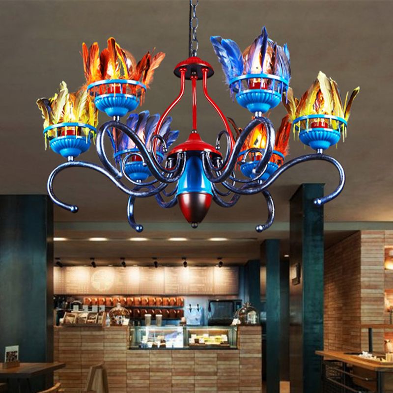 6 Leuchten Kronleuchter Beleuchtungsbehandlung antike Federmetall Deckenhängung Lampe in Orangenblau für das Restaurant