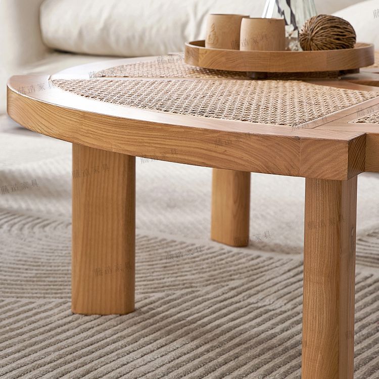 Scandinavian Rattan Cocktail Table Round Wooden Cocktail Table for Living Room