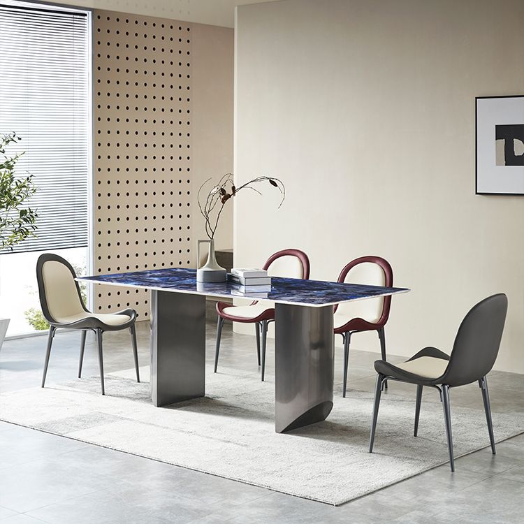 Simplicity Style Rectangle Stone Fixed Dinner Table with Double Pedestal