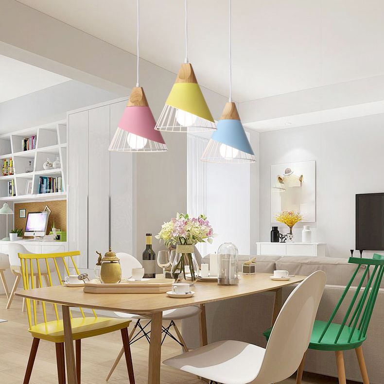 Modernism Cone Pendant Light 1 Light Aluminum and Wood Pendant Ceiling Light in Black/Blue for Dining Table