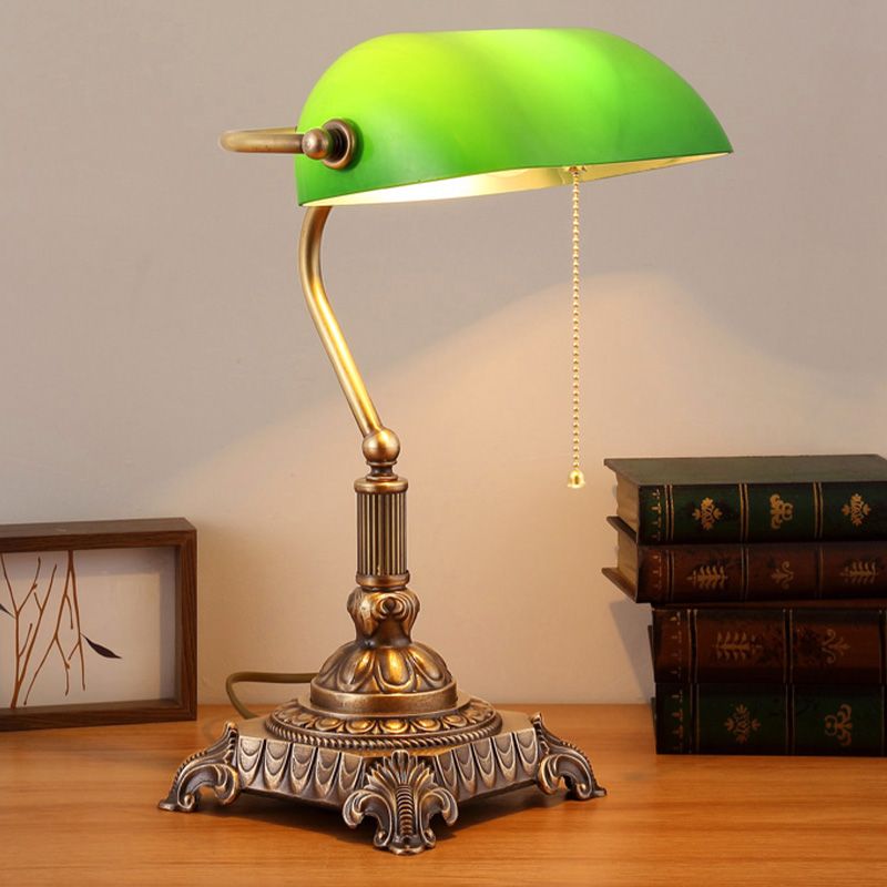 1 Light Rollover Shade Metal Night Light Country Green Glass Nightstand Lamp with Pull Chain for Bedroom