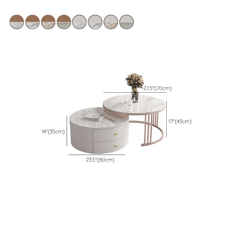 Glam Nesting Coffee Table Set Drum Round Slate Coffee Table with Drawers