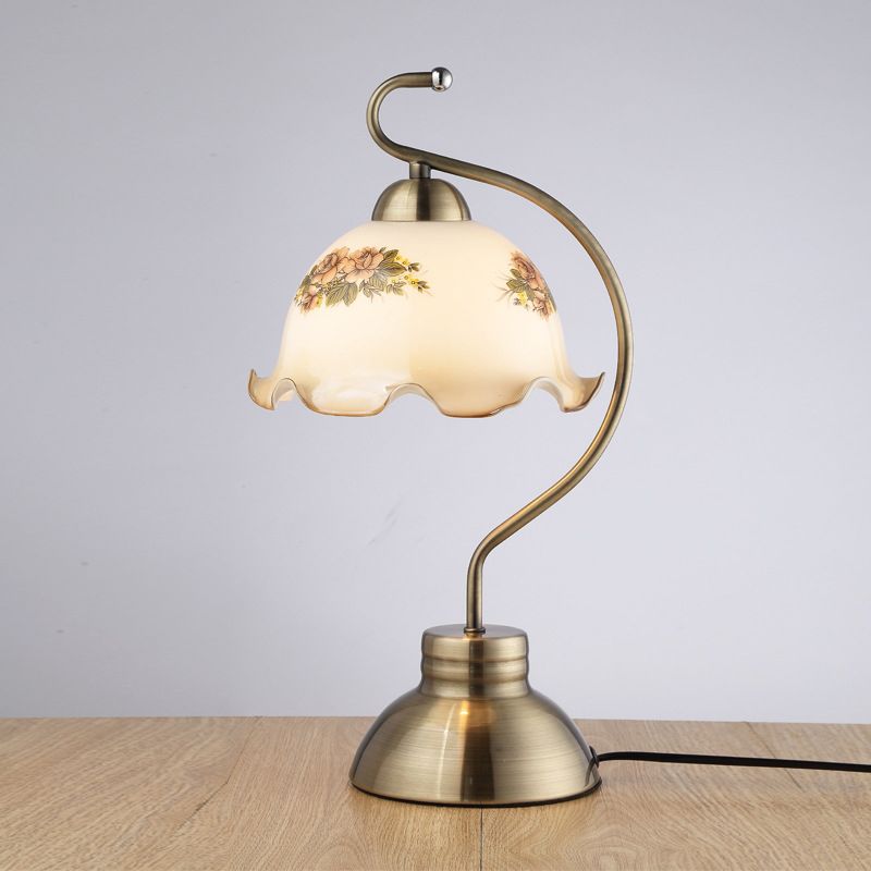Single Bulb Night Stand Light Pastoral Ruffle Edged Hemisphere White Glass Table Lamp with Brass Bow Arm