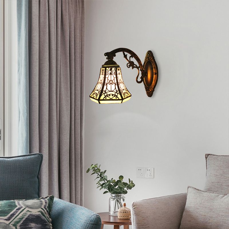 Art Glass Bell Wall Light with Carved Arm 1 Head Vintage Tiffany Wall Lamp in Black for Outdoor