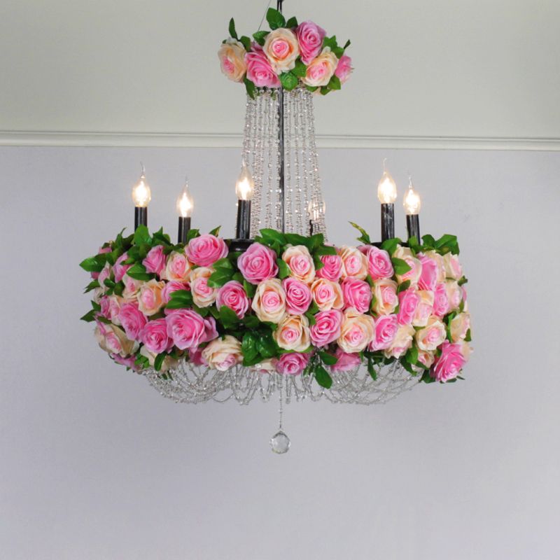 Farmhouse Candelabra Chandelier Iluminación de flores de hierro de 6 cabezas Luz de techo en rosa con acento de cristal