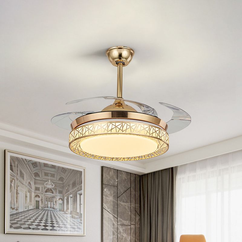 42 "brede LED semi-flush plafondlicht minimalisme ring metalen hanger ventilatorlamp in zilver met 4 heldere messen, externe/wandregeling/3 kleurlicht