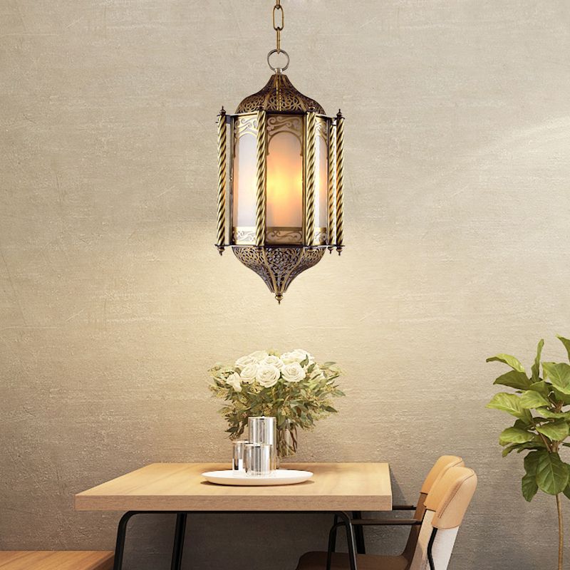 Metallic Brass Pendant Chandelier Lantern 3 Lights Arab Hanging Ceiling Light with Opal Glass Shade