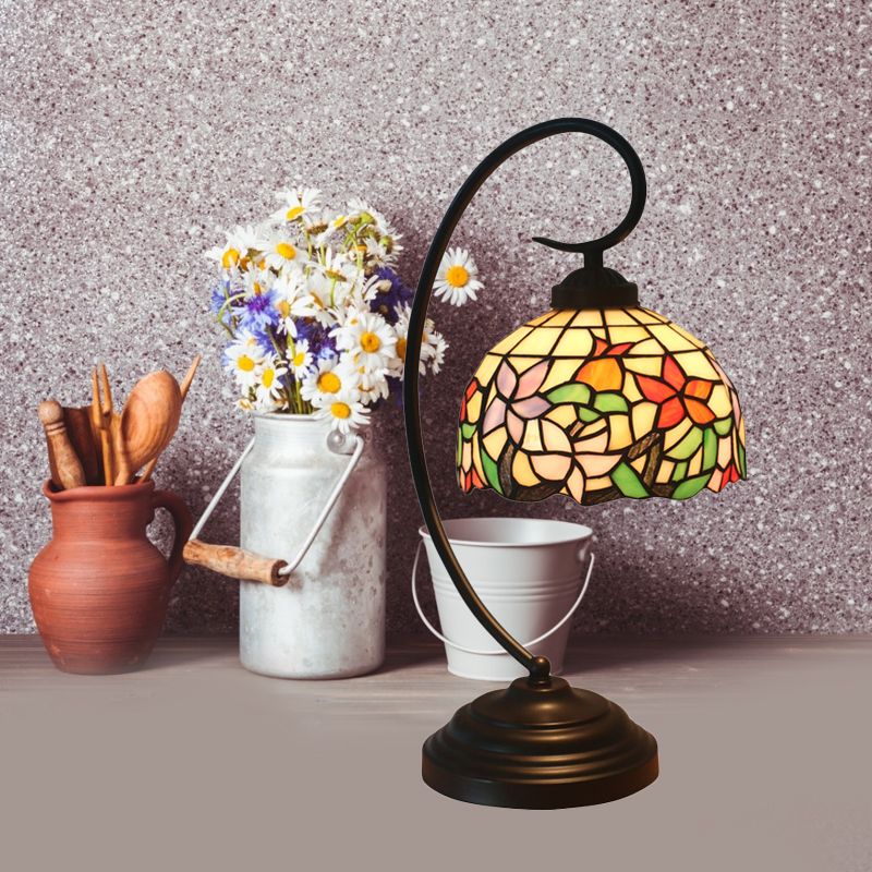 Pink/Orange 1-Head Desk Light Tiffany Hand Cut Glass Bowl Shape Night Table Lamp with Blossom Pattern for Bedroom