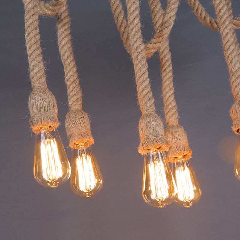 6-Light Hemp Rope Pendant Rustic Beige Exposed Bulb Restaurant Island Light