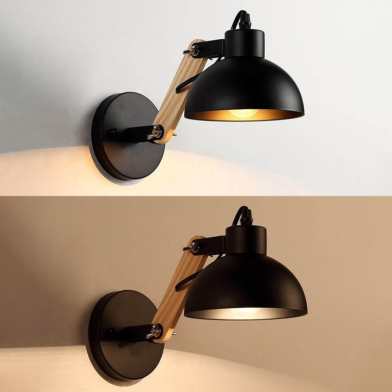 Industrial Wall Lamp with Wood Swing Arm Dome Metal Shade Wall Mount Light for Bedroom Bedside