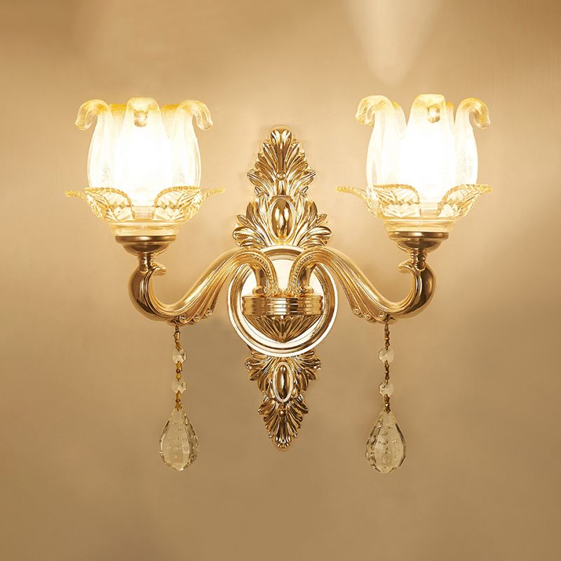 Retro Style Flower Wall Lamp Glass Wall Light Fixture with Crystal Draping in Gold