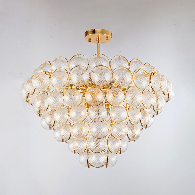 Tapered Bedroom Semi Mount Lighting Simple Clear Ribbed Crystal Ball Gold Ceiling Light Fixture
