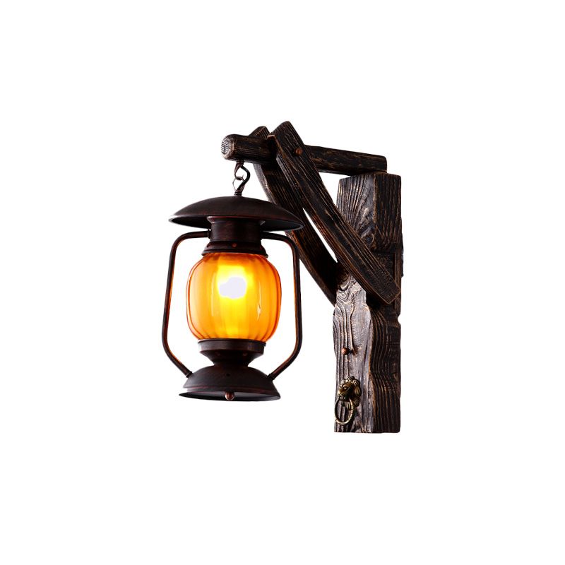 Amber Glass Lantern Wall Light Sconce Warehouse 1 Head Bedroom Wall Mount Lamp in Black with Wood Backplate