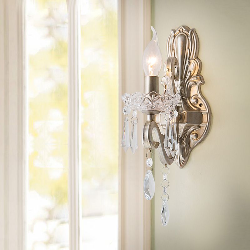 Crystal Candlestick Wall Mounted Lamp Retro 1/2 Bulbs Living Room Sconce Light Fixture in Silver